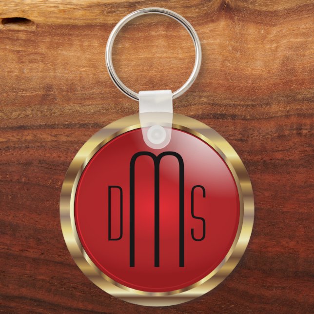 Red and Faux Metallic Gold with Monogram  Keychain (Front)