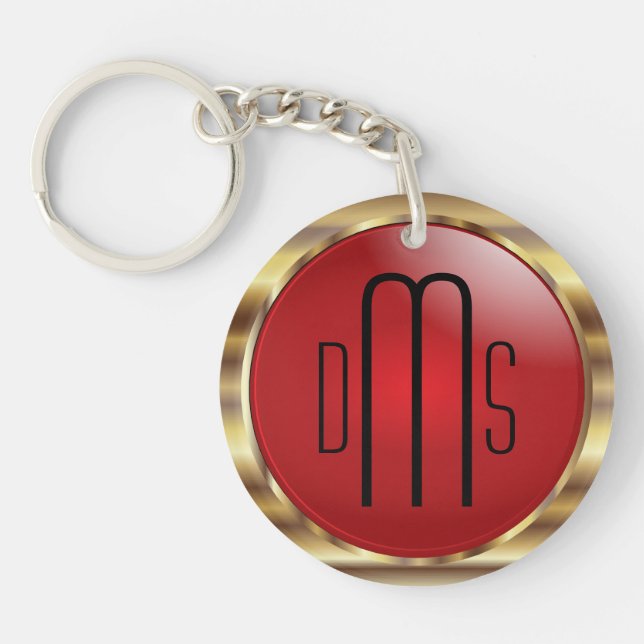 Red and Faux Metallic Gold with Monogram Keychain (Front)