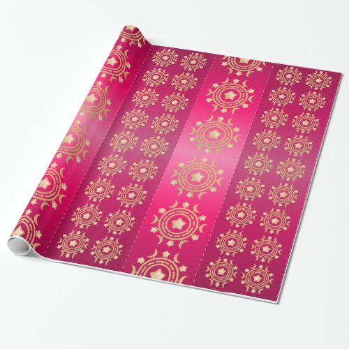 Red and Fuchsia Stripes with Gold Moons and Stars Wrapping Paper