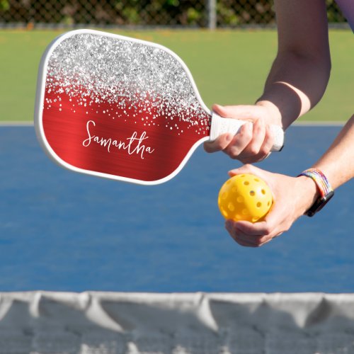 Red and Glittery Silver Glam Script Name Pickleball Paddle