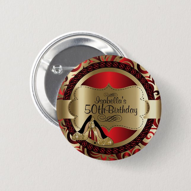 Red and Gold 00th Birthday with Gold High Heels Button (Front & Back)