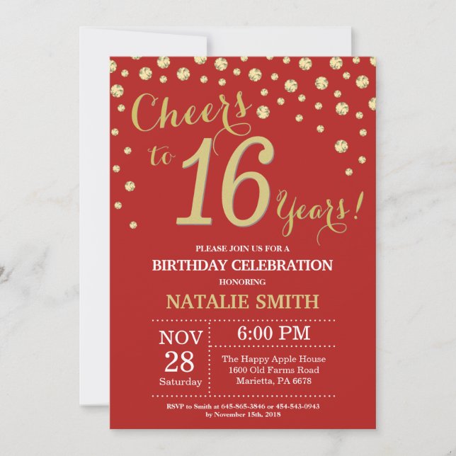 Red and Gold 16th Birthday Diamond Invitation (Front)