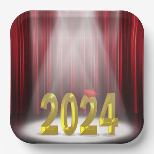 Red and Gold 2024 Graduation in Spotlight  Paper Plates