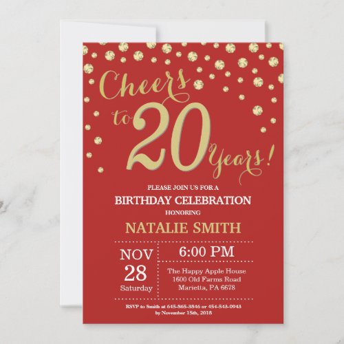 Red and Gold 20th Birthday Diamond Invitation