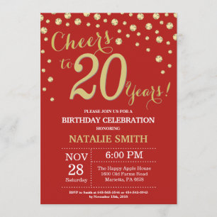 Red and Gold 20th Birthday Diamond Invitation