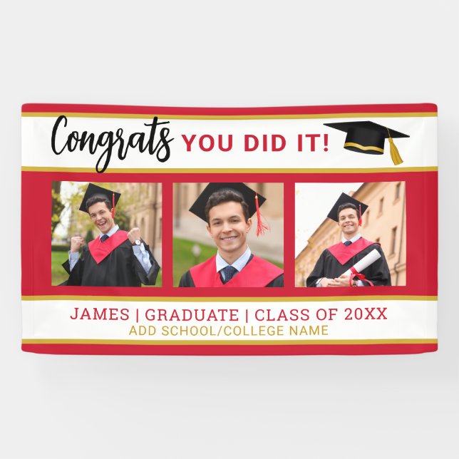 Red And Gold 3 Photo Collage Congrats Grad 2025 Banner (Horizontal)