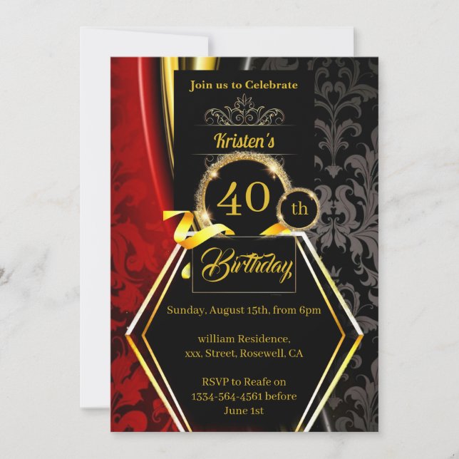 Red and Gold 40th Birthday Invitation (Front)