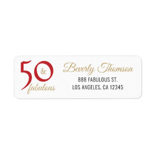 Red and Gold 50 and Fabulous 50th Birthday Script Label