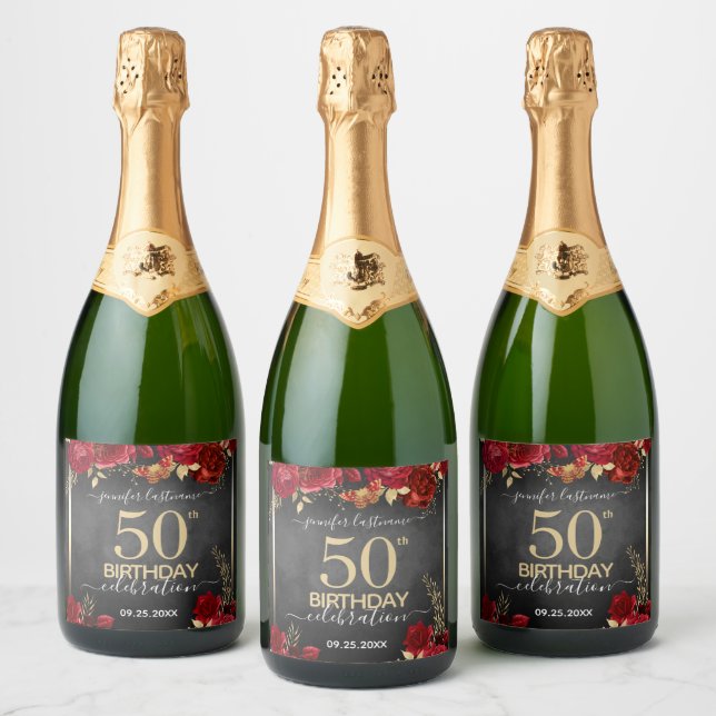 Red and Gold 50th Birthday  Sparkling Wine Label (Bottles)