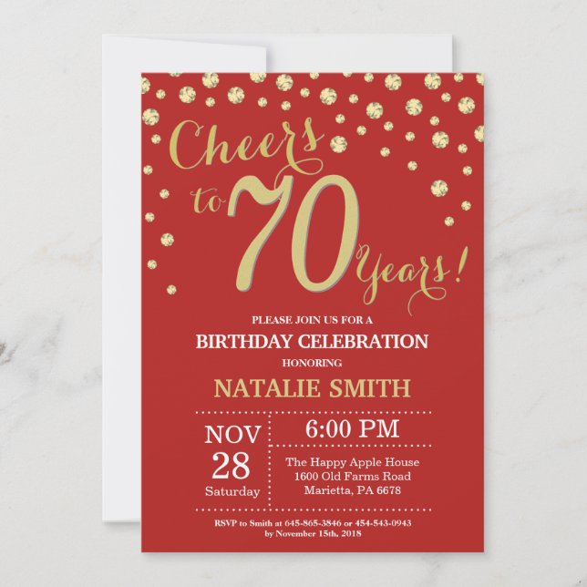 Red and Gold 70th Birthday Diamond Invitation (Front)