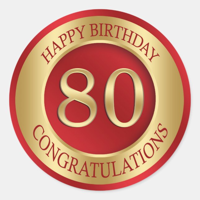 Red and gold 80th Birthday Classic Round Sticker (Front)