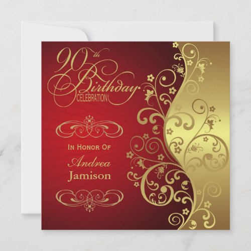 Red and Gold 90th Birthday Party Invitation