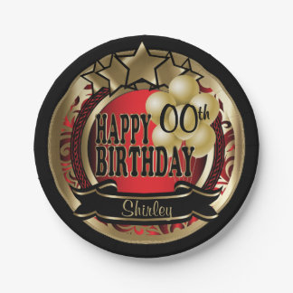 Red and Gold Abstract 00th Birthday Star Paper Plates