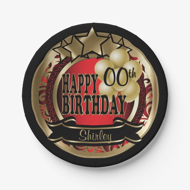 Red and Gold Abstract 00th Birthday Star Paper Plates (Front)