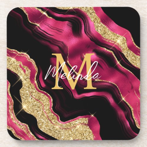 Red and Gold Abstract Agate Beverage Coaster