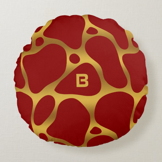 Red and gold abstract giraffe pattern round pillow (Front)