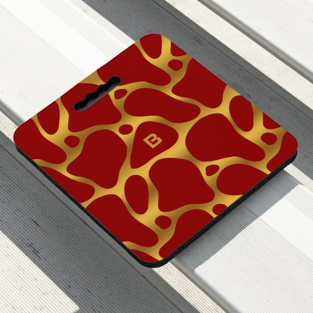 Red and gold abstract giraffe pattern seat cushion (In Situ)