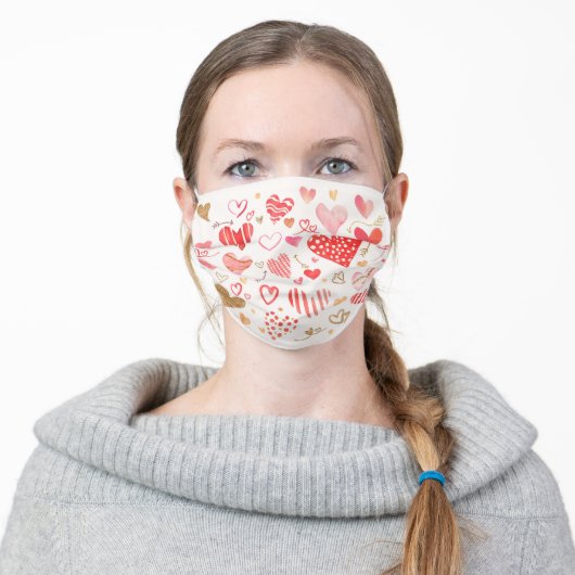 Red and Gold Abstract Hearts Pattern Adult Cloth Face Mask (Worn)