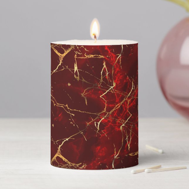 Red and Gold Abstract Marble Design Pillar Candle (In Situ)