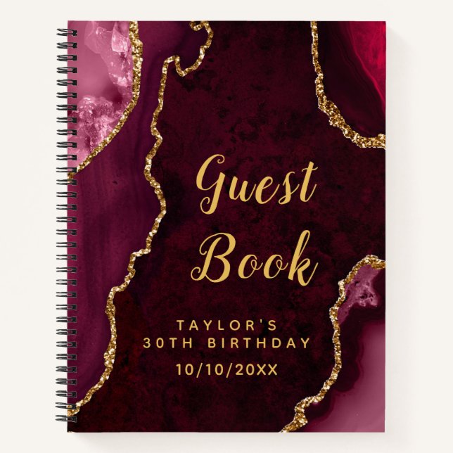 Red and Gold Agate Birthday Guest Book (Front)