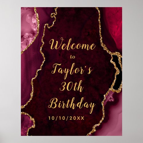 Red and Gold Agate Birthday Welcome Poster