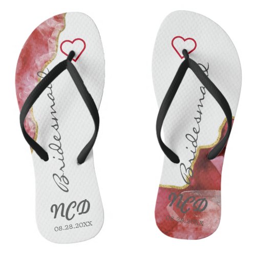 Red and Gold Agate Bridesmaid Favor Monogram   Flip Flops