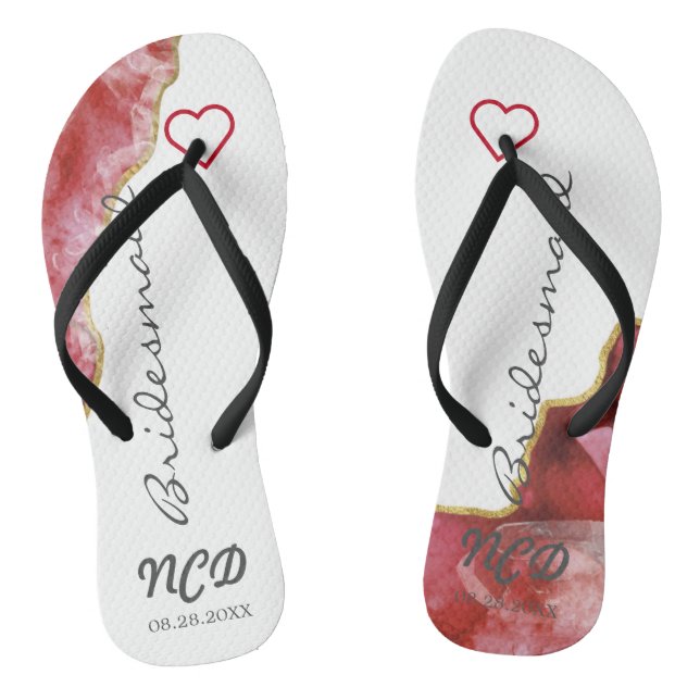 Red and Gold Agate Bridesmaid Favor Monogram   Flip Flops (Footbed)
