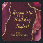 Red and Gold Agate Happy Birthday Square Sticker<br><div class="desc">This elegant and glamorous sticker can be personalized with a name or title such as mom,  daughter,  granddaughter,  niece,  friend etc. The design features a red agate marble background with faux gold glitter accents. The text combines handwritten script and modern sans serif fonts for a classy and sophisticated look.</div>