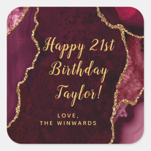 Red and Gold Agate Happy Birthday Square Sticker