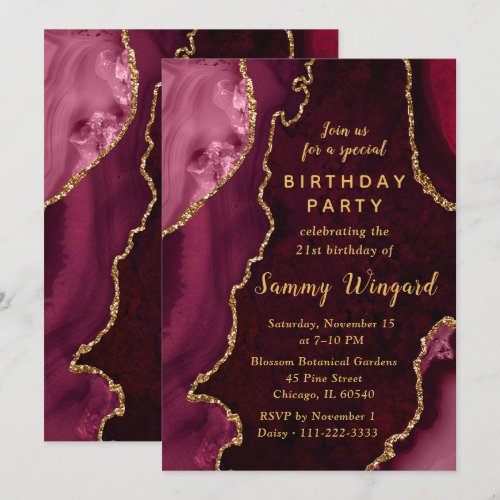 Red and Gold Agate Marble 21st Birthday Party Invitation