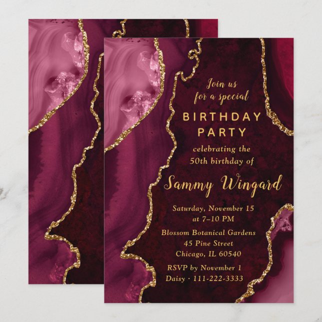 Red and Gold Agate Marble 50th Birthday Party Invitation (Front/Back)