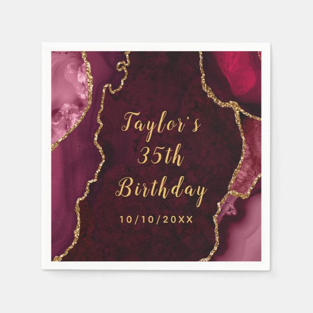 Red and Gold Agate Marble Birthday Napkins (Front)
