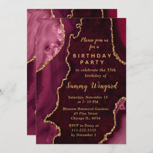 Red and Gold Agate Marble Birthday Party Invitation