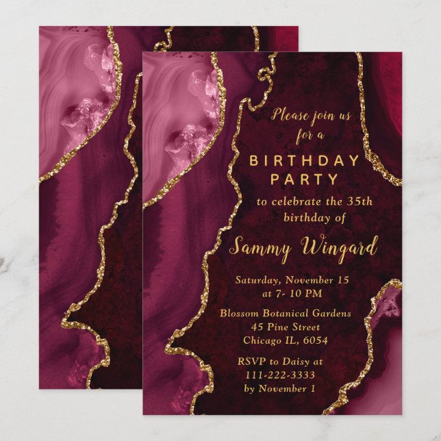 Red and Gold Agate Marble Birthday Party Invitation (Front/Back)