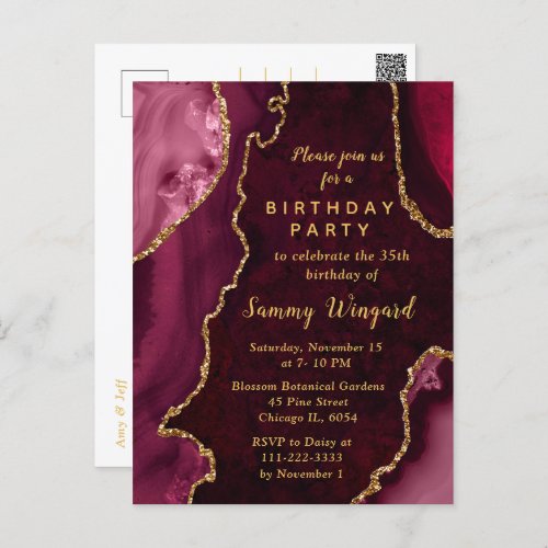 Red and Gold Agate Marble Birthday Party Postcard