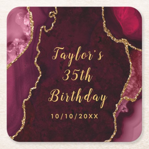 Red and Gold Agate Marble Birthday Square Paper Coaster