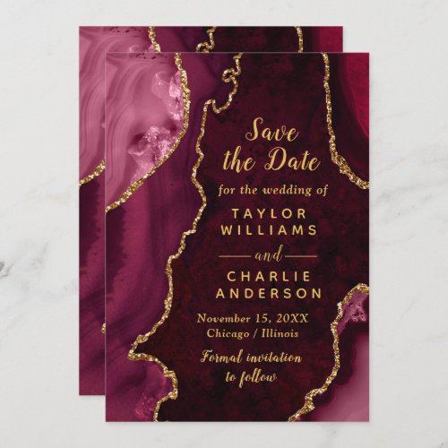 Red and Gold Agate Marble Save The Date Invitation