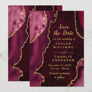 Red and Gold Agate Marble Save The Date Invitation