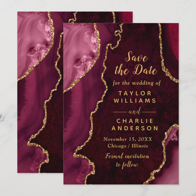 Red and Gold Agate Marble Save The Date Invitation (Front/Back)