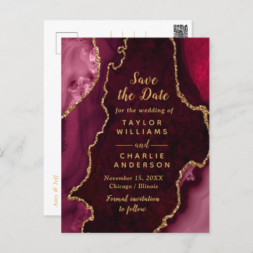 Red and Gold Agate Marble Save The Date Postcard