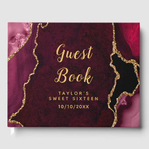 Red and Gold Agate Marble Sweet Sixteen Guest Book