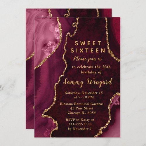 Red and Gold Agate Marble Sweet Sixteen Invitation