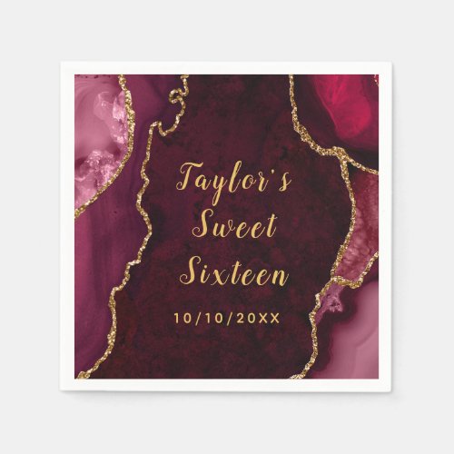 Red and Gold Agate Marble Sweet Sixteen Napkins