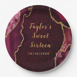Red and Gold Agate Marble Sweet Sixteen Paper Plates