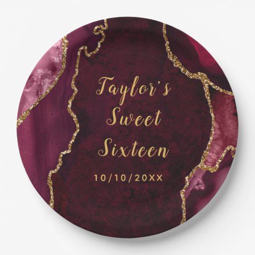 Red and Gold Agate Marble Sweet Sixteen Paper Plates