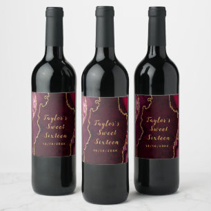 Red and Gold Agate Marble Sweet Sixteen Wine Label