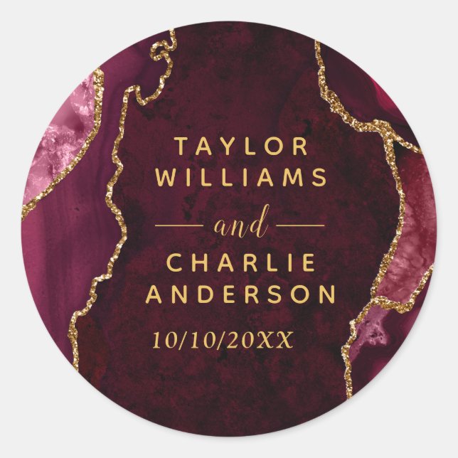 Red and Gold Agate Marble Wedding Classic Round Sticker (Front)