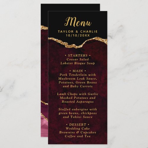 Red and Gold Agate Marble Wedding Menu