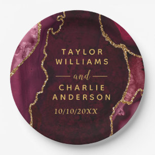 Red and Gold Agate Marble Wedding Paper Plates
