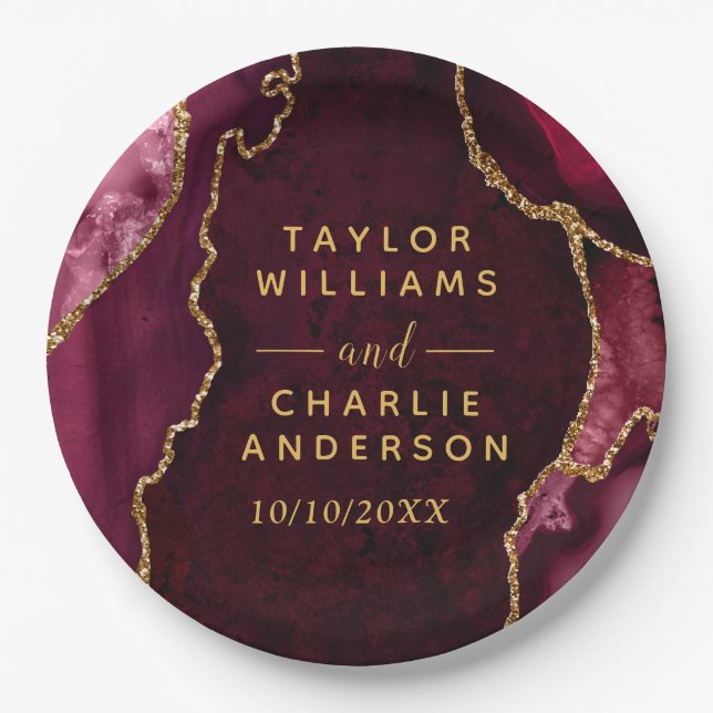 Red and Gold Agate Marble Wedding Paper Plates (Front)